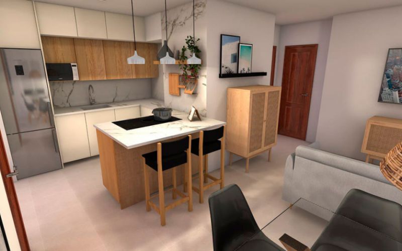 Diseño de cocina americana integrada en salón de apartamento